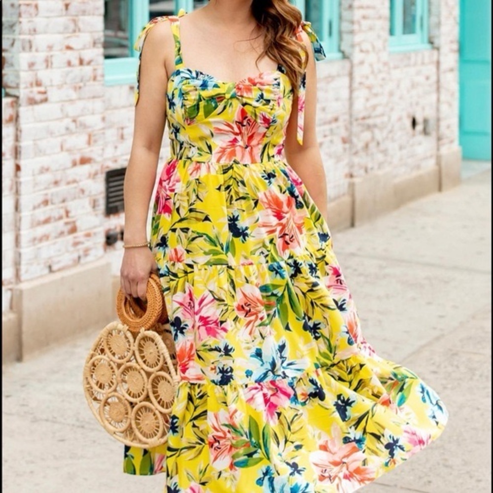 Eliza J Retro Inspired Yellow Floral A Line Midi Dress - Size 12